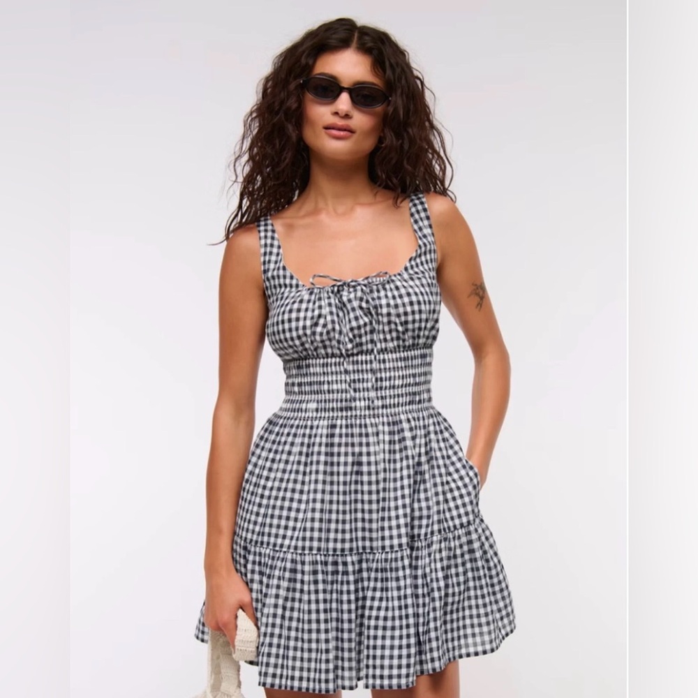 Gingham Tie-Front Smocked Mini Dress - Black/White